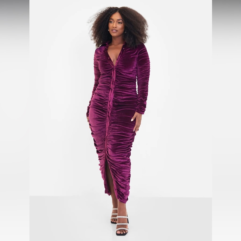 REBDOLLS - NWT - VELVET BUTTON FRONT MAXI BODYCON DRESS - EGGPLANT - Large
